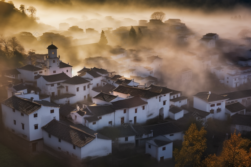 晚秋雾中的小村庄客厅书房玄关挂画壁画摄影背景,高清,摄影图,摄影图片,图片大全,摄影图免费下载